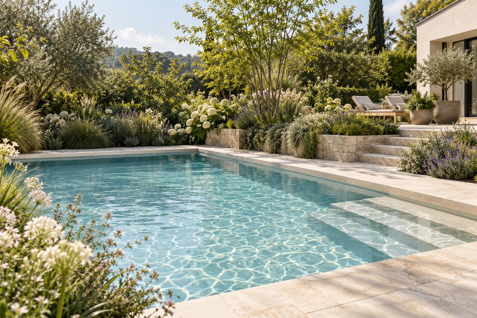 Gestaltungsvisualisierung eines Pools mit hellem Beckenrand