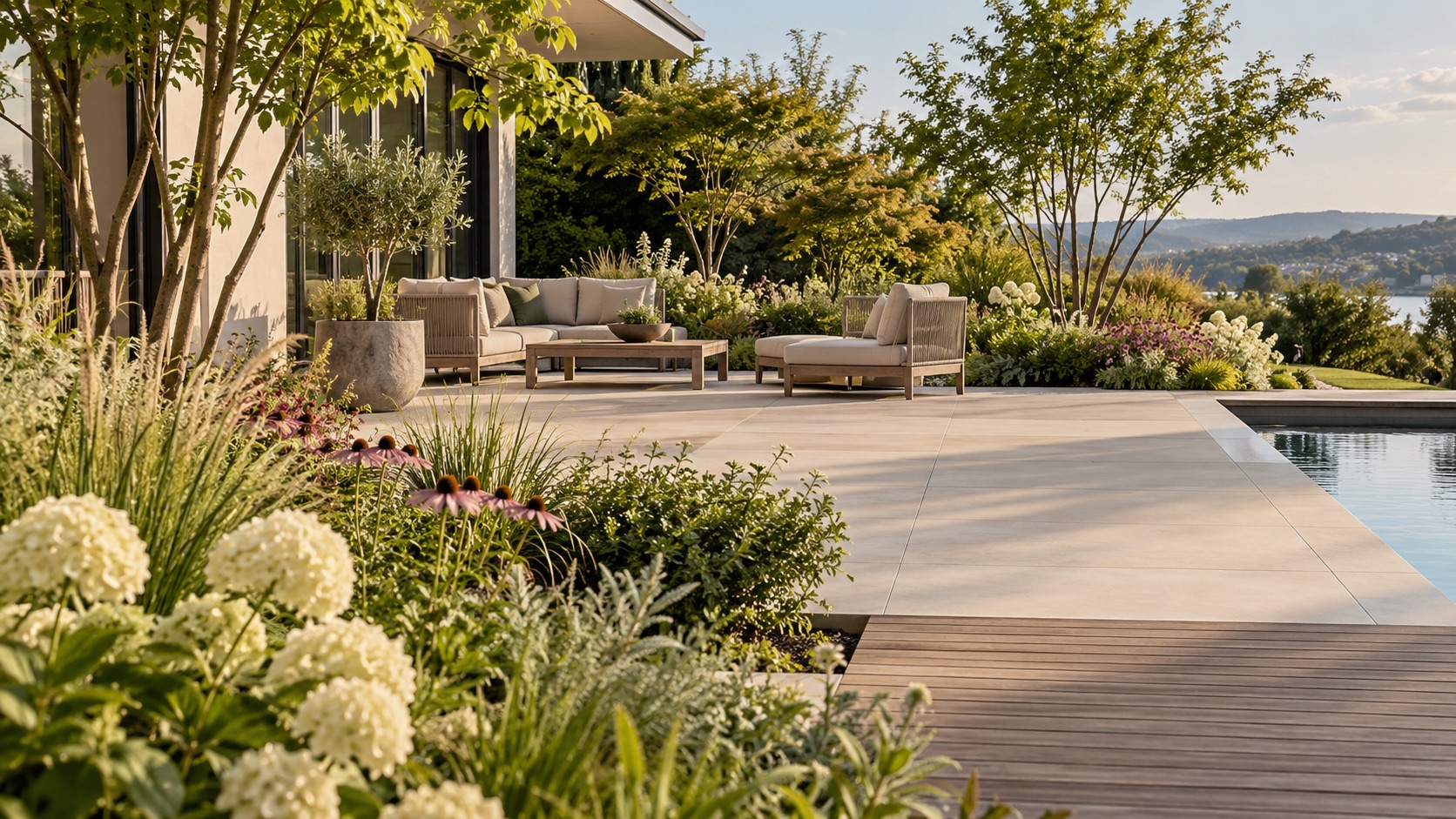 Gestaltungsvisualisierung einer hellen Terrasse mit Sitzplatz und Pflanzen